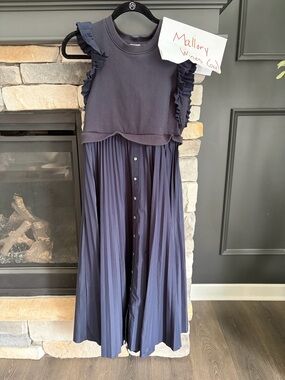 cinq a sept Navy Blue Pleated Midi Dress with Ruffle Sleeves